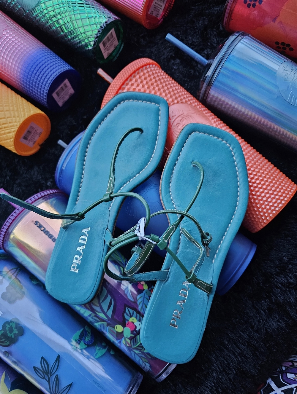 PRADA Teal Strappy Square-Toe Leather Sandals